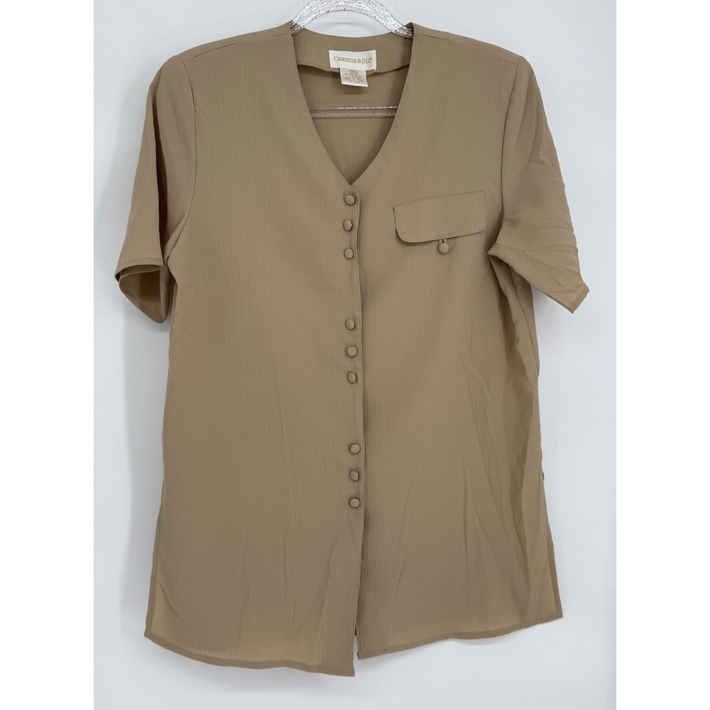 Christie & Jill Tan Short Sleeve Button Front V-Neck Blouse Textured Sz S